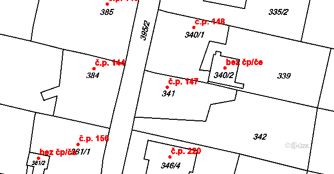 Strahovice 147 na parcele st. 341 v KÚ Strahovice, Katastrální mapa