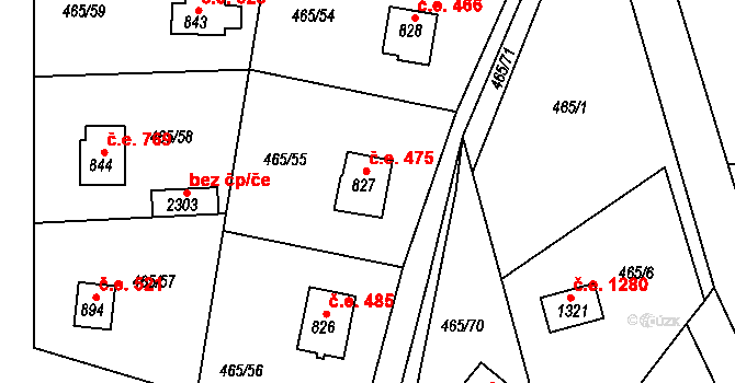 Hradištko 475 na parcele st. 827 v KÚ Hradištko pod Medníkem, Katastrální mapa