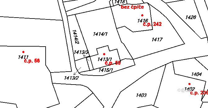 Bludov 55 na parcele st. 1413/1 v KÚ Bludov, Katastrální mapa