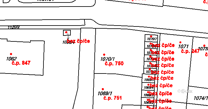 Podbořany 750 na parcele st. 1070/1 v KÚ Podbořany, Katastrální mapa