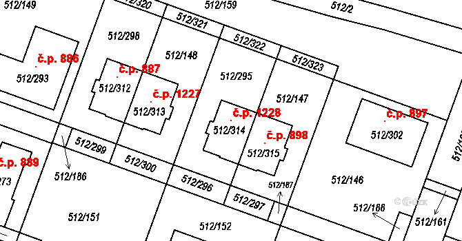 Srubec 1228 na parcele st. 512/314 v KÚ Srubec, Katastrální mapa