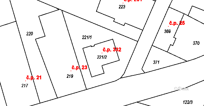 Chlebičov 332 na parcele st. 221/2 v KÚ Chlebičov, Katastrální mapa