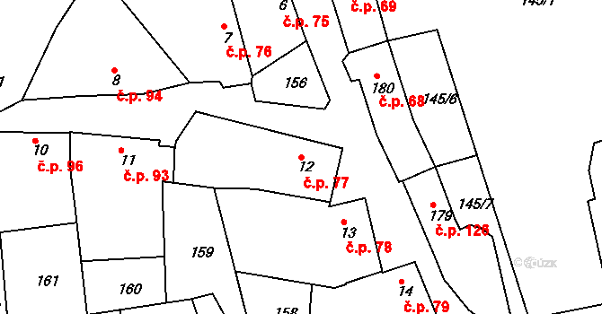 Roštění 77 na parcele st. 12 v KÚ Roštění, Katastrální mapa