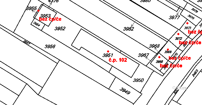 Těšetice 102 na parcele st. 3951 v KÚ Těšetice u Znojma, Katastrální mapa