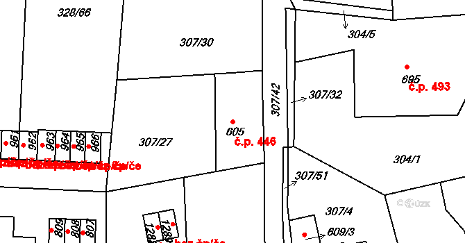 Tanvald 446 na parcele st. 605 v KÚ Tanvald, Katastrální mapa