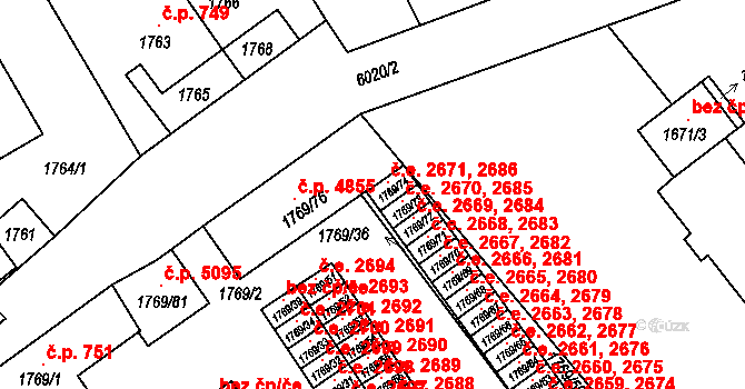 Jihlava 2671,2686 na parcele st. 1769/74 v KÚ Jihlava, Katastrální mapa