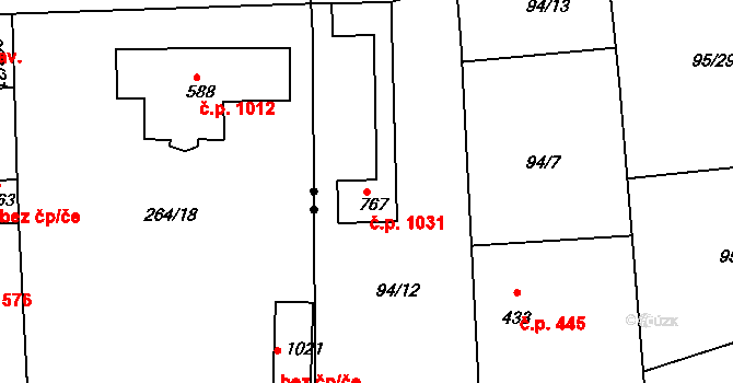 Rudná 1031 na parcele st. 767 v KÚ Dušníky u Rudné, Katastrální mapa