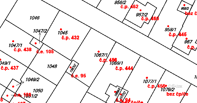 Hrušovany u Brna 458 na parcele st. 1067/1 v KÚ Hrušovany u Brna, Katastrální mapa