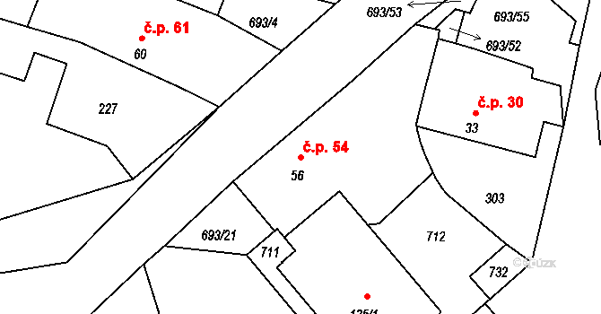 Sudoměřice u Bechyně 54 na parcele st. 56 v KÚ Sudoměřice u Bechyně, Katastrální mapa
