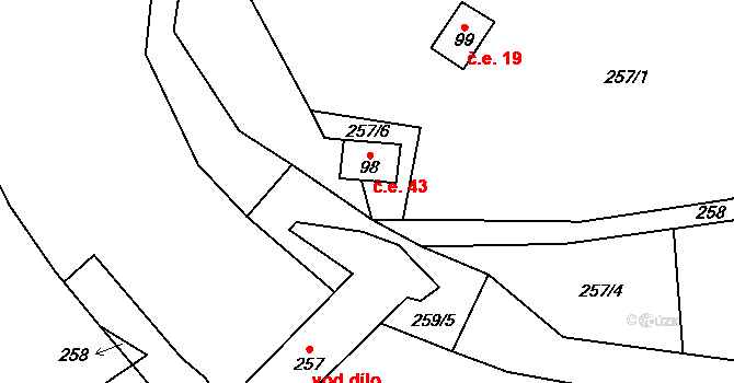 Litice nad Orlicí 43, Záchlumí na parcele st. 98 v KÚ Litice nad Orlicí, Katastrální mapa