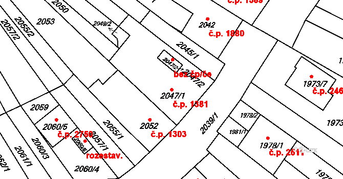 Líšeň 1381, Brno na parcele st. 2047/1 v KÚ Líšeň, Katastrální mapa
