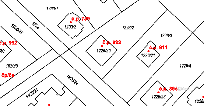 Uhříněves 922, Praha na parcele st. 1228/20 v KÚ Uhříněves, Katastrální mapa