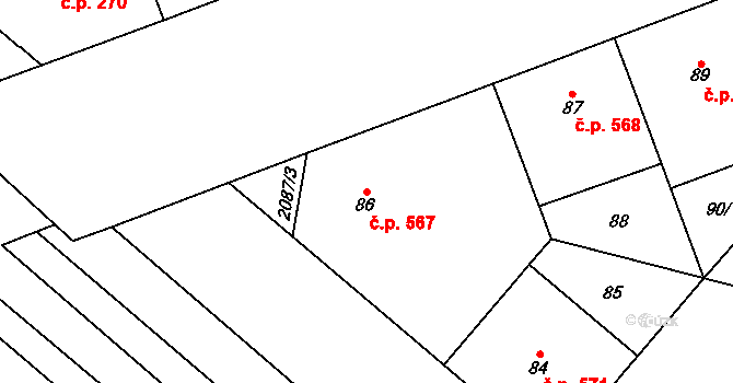 Vysočany 567, Praha na parcele st. 86 v KÚ Vysočany, Katastrální mapa