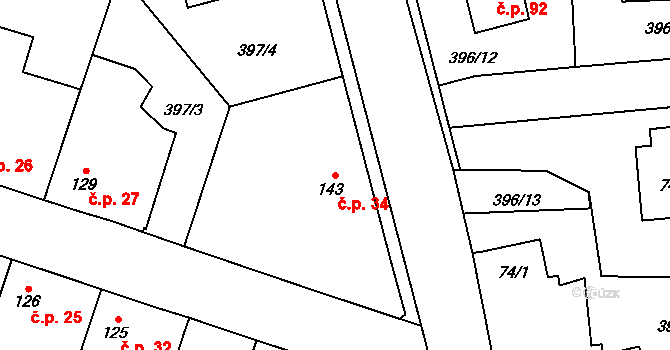 Hluboký Důl 34, Nebovidy na parcele st. 143 v KÚ Nebovidy, Katastrální mapa