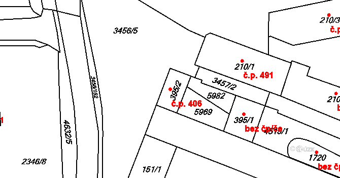 Hrušovany nad Jevišovkou 406 na parcele st. 395/2 v KÚ Hrušovany nad Jevišovkou, Katastrální mapa