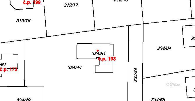 Malesice 193, Plzeň na parcele st. 334/81 v KÚ Malesice, Katastrální mapa