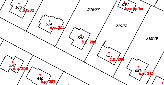 Chotětov 206 na parcele st. 582 v KÚ Chotětov, Katastrální mapa