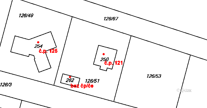 Borek 121 na parcele st. 250 v KÚ Borek nad Labem, Katastrální mapa
