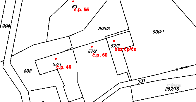 Břežany 50, Lešany na parcele st. 57/2 v KÚ Břežany u Lešan, Katastrální mapa