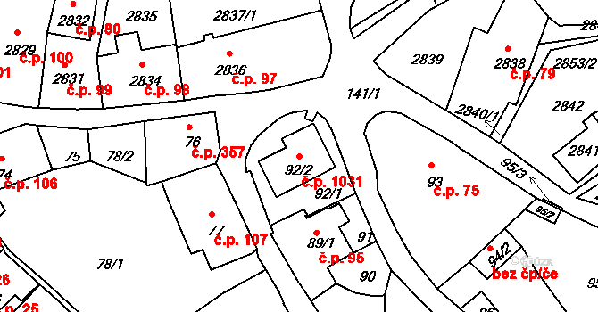 Štramberk 1031 na parcele st. 92/2 v KÚ Štramberk, Katastrální mapa