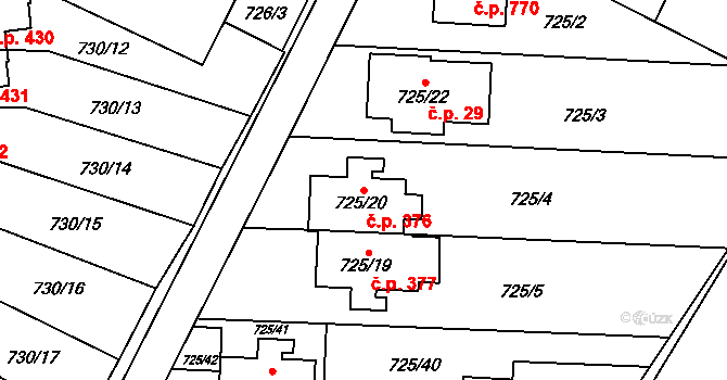 Výškovice 376, Ostrava na parcele st. 725/20 v KÚ Výškovice u Ostravy, Katastrální mapa