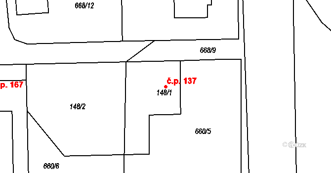 Škrdlovice 137 na parcele st. 148/1 v KÚ Škrdlovice, Katastrální mapa