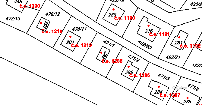 Horní Lhota 1205 na parcele st. 282 v KÚ Horní Lhota u Ostravy, Katastrální mapa