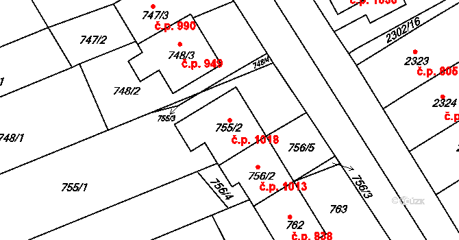 Nivnice 1018 na parcele st. 755/2 v KÚ Nivnice, Katastrální mapa