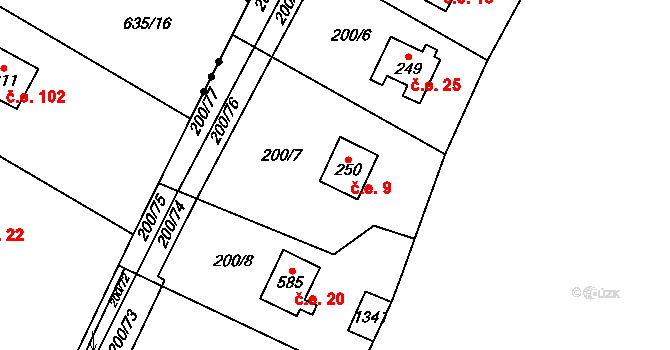 Úhonice 9 na parcele st. 250 v KÚ Úhonice, Katastrální mapa