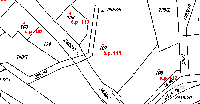 Klenčí pod Čerchovem 111 na parcele st. 107 v KÚ Klenčí pod Čerchovem, Katastrální mapa