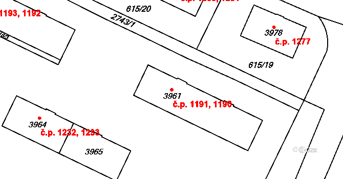 Bílé Předměstí 1190,1191, Pardubice na parcele st. 3961 v KÚ Pardubice, Katastrální mapa