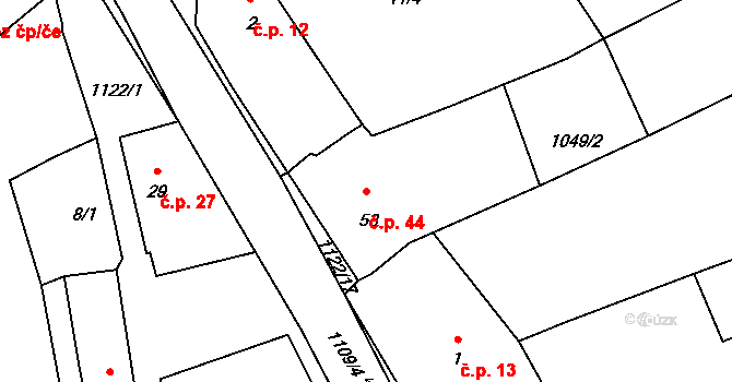 Struhaře 44, Spálené Poříčí na parcele st. 53 v KÚ Struhaře, Katastrální mapa