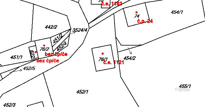 Příchovice 1121, Kořenov na parcele st. 76/1 v KÚ Příchovice u Kořenova, Katastrální mapa