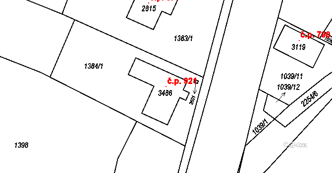 Litice 921, Plzeň na parcele st. 3486 v KÚ Valcha, Katastrální mapa