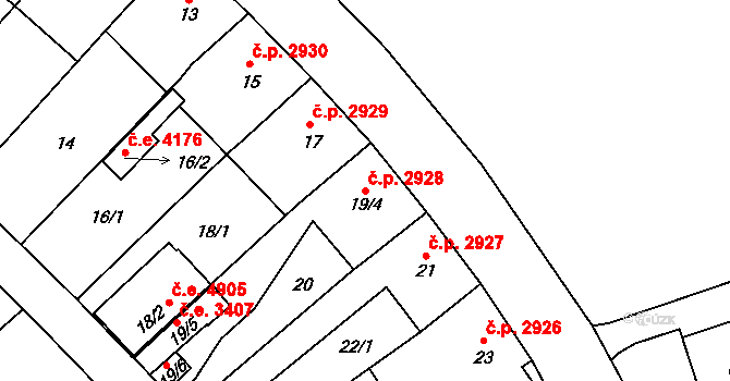 Helenín 2928, Jihlava na parcele st. 19/4 v KÚ Helenín, Katastrální mapa