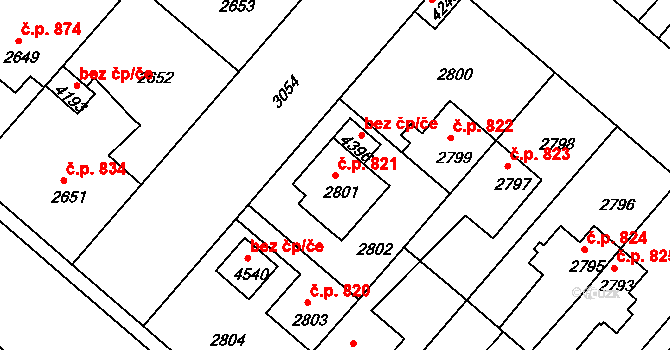 Čelákovice 821 na parcele st. 2801 v KÚ Čelákovice, Katastrální mapa