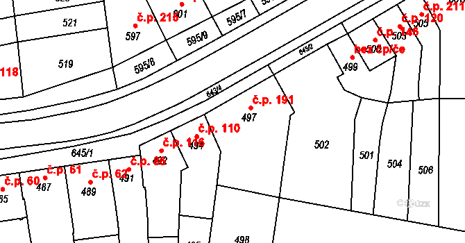 Kobylnice 191 na parcele st. 497 v KÚ Kobylnice u Brna, Katastrální mapa