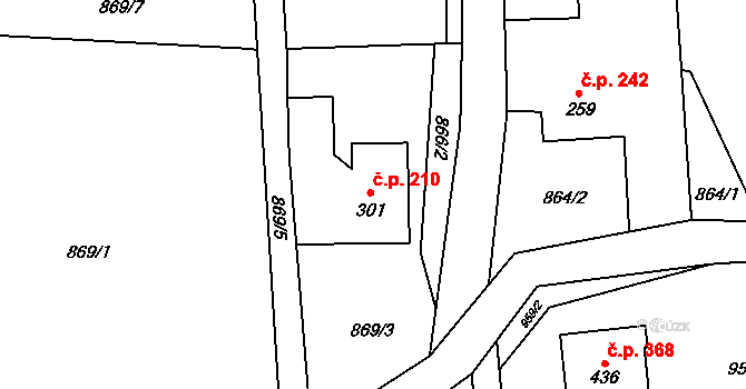Hrádek 210 na parcele st. 301 v KÚ Hrádek, Katastrální mapa