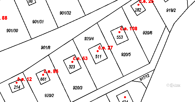Loutí 27, Rabyně na parcele st. 511 v KÚ Rabyně, Katastrální mapa