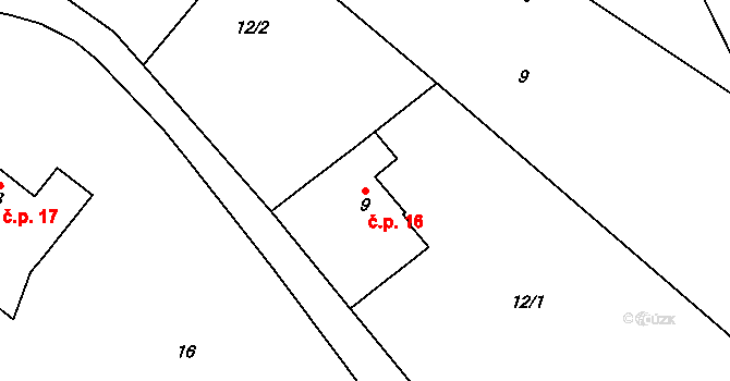 Tetín 16 na parcele st. 9 v KÚ Tetín, Katastrální mapa