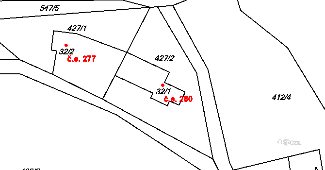 Přední Chlum 280, Milešov na parcele st. 32/1 v KÚ Přední Chlum, Katastrální mapa