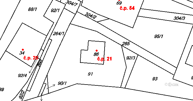 Tržek 21 na parcele st. 86 v KÚ Tržek u Litomyšle, Katastrální mapa