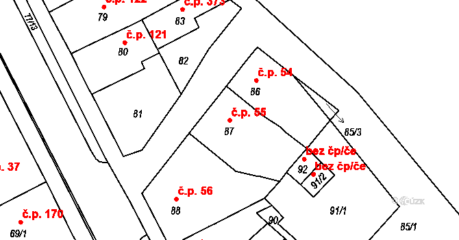 Bystřany 55 na parcele st. 87 v KÚ Bystřany, Katastrální mapa