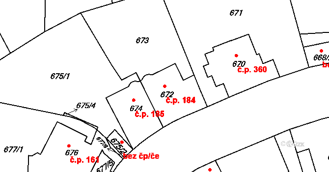 Podolí 184, Praha na parcele st. 672 v KÚ Podolí, Katastrální mapa