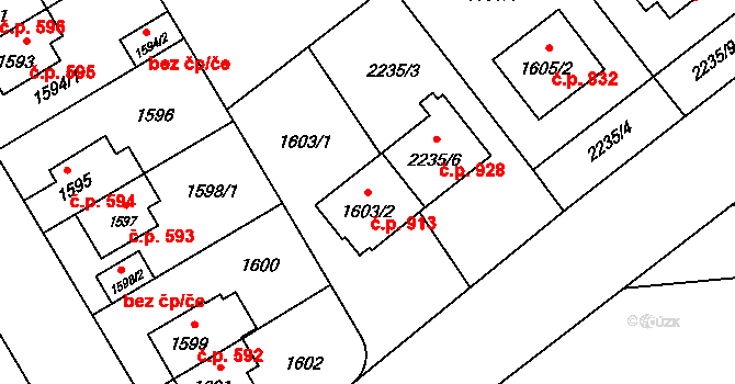 Ruzyně 913, Praha na parcele st. 1603/2 v KÚ Ruzyně, Katastrální mapa