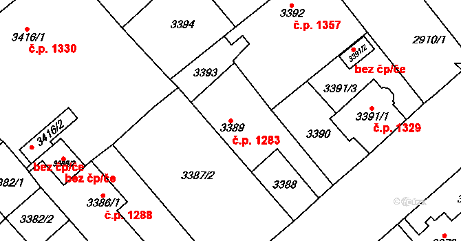 Chomutov 1283 na parcele st. 3389 v KÚ Chomutov I, Katastrální mapa