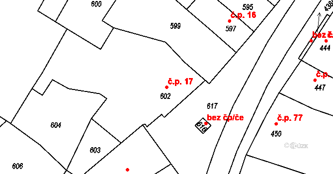 Prštice 17 na parcele st. 602 v KÚ Prštice, Katastrální mapa