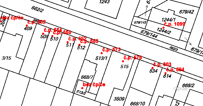 Rosice 573 na parcele st. 513/1 v KÚ Rosice u Brna, Katastrální mapa