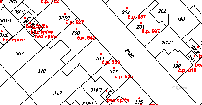 Doubravka 539, Plzeň na parcele st. 311 v KÚ Doubravka, Katastrální mapa