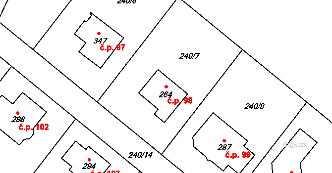 Rančířov 98 na parcele st. 264 v KÚ Rančířov, Katastrální mapa